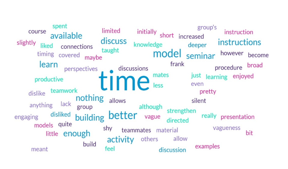 Word cloud showing drawbacks from student survey. The most common is 'time'.